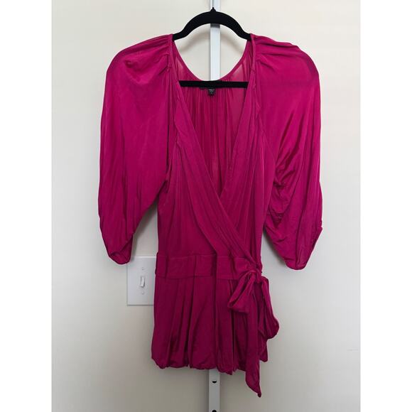 Vtg Bebe Faux Wrap Tie Blouse Flouncy, Slinky Top Magenta Size Large Y2K - Picture 1 of 10